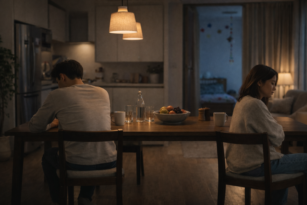 갈등으로 식탁에서 등을 돌린 부부의 모습