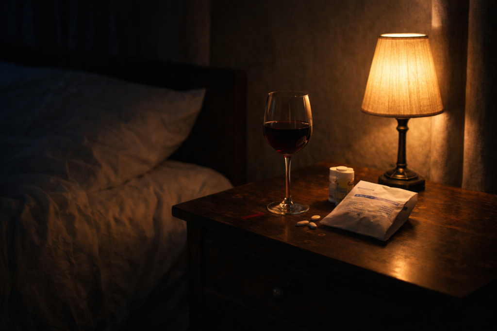 침대 옆 탁자 위에 놓인 와인잔과 약봉투