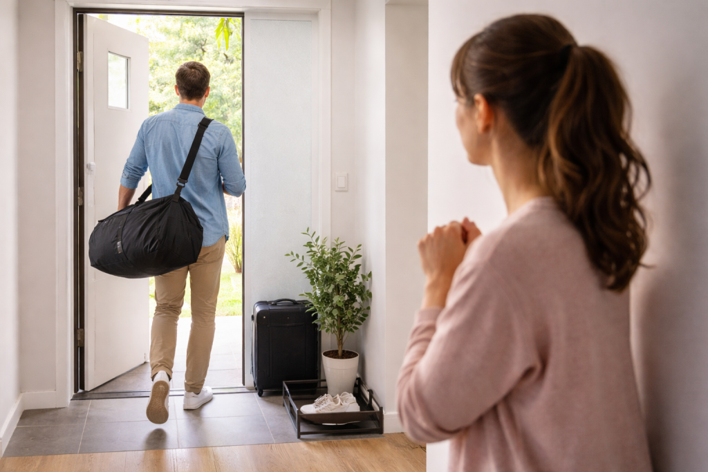 가방을 싸서 현관을 나서는 남편과 뒤에서 그것을 지켜보는 아내